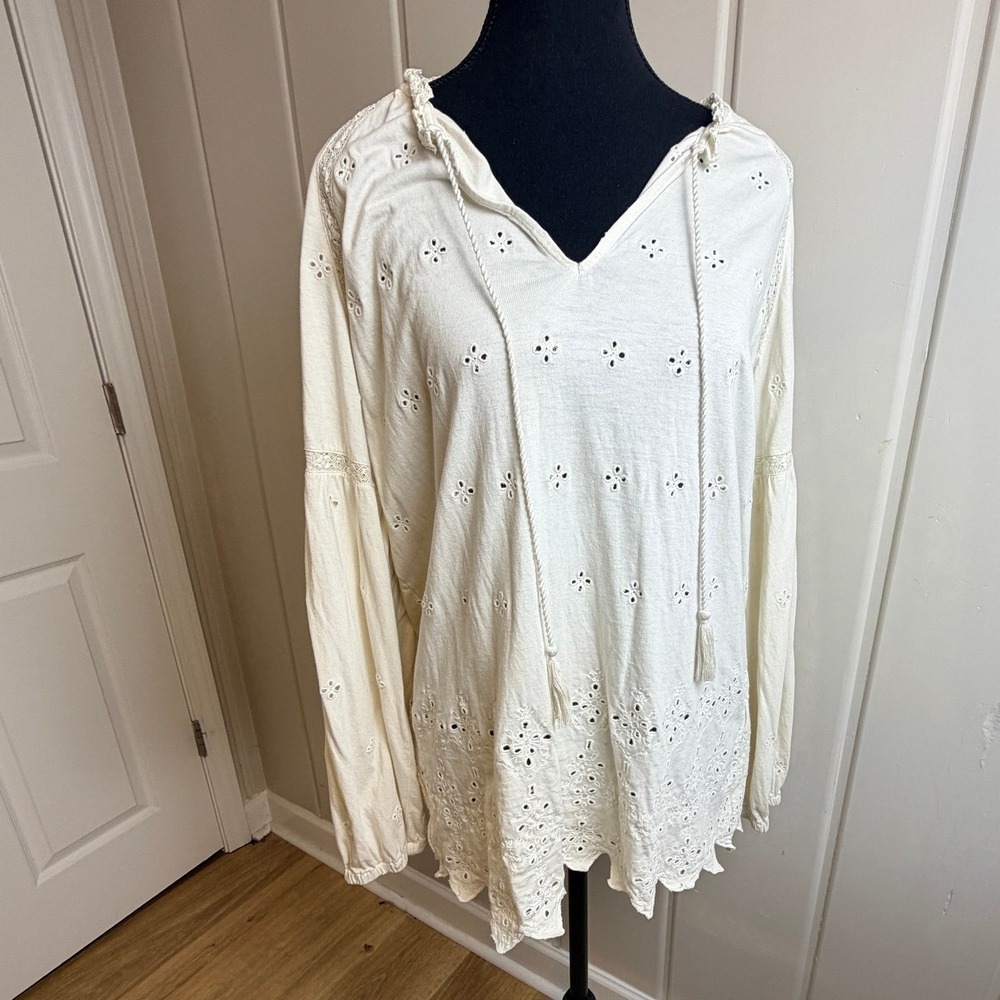 Lauren Ralph Lauren Ivory Eyelet Embroidered Tassel Peasant Blouse Top Large